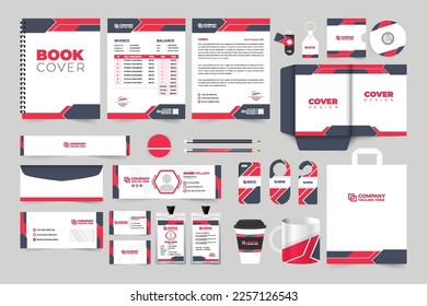 Corporate brand promotional invoice and book cover template set design. Business stationery template vector for promotion. Brand identity template collection with a phone case and door hanger.