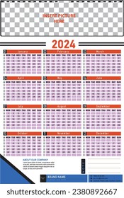 Calendario corporativo de marca con diseño vectorial para el año 2024, incluido el número de semana y la semana comienza el lunes 