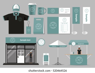 marca corporativa para una cafetería y una plantilla de maqueta de identidad. tarjeta .menu.t-shirt.vector