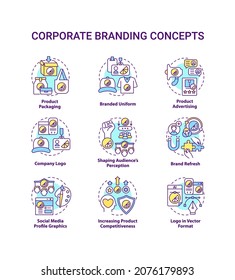 Corporate branding concept icons set. Increasing product competitiveness idea thin line color illustrations. Brand refreshing. Product packaging. Vector isolated outline drawings. Editable stroke