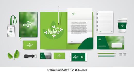 Corporate branding design in green color with organic natural logo. Full template megapack for your business. Modern stationery mockup set.