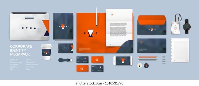 Corporate branding design template. Stationery set for presentation project. Firm identity with red geometrical logo and stone marble background.