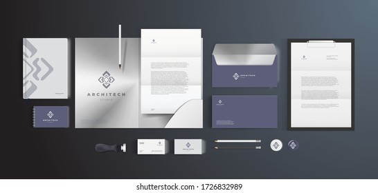 Corporate branding and firm identity for architect company. Stationery vector template on black background.