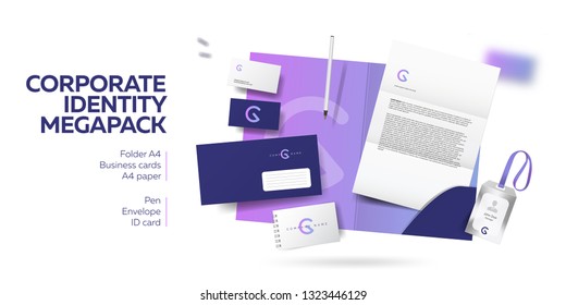 Corporate branding identity business design. Stationery mockup vector megapack set. Template with logo for web, modern technic or industrial company. Folder and A4 letter, visiting card and envelope.