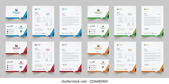 El diseño de identidad de marca corporativa incluye tarjetas de visita, facturas, diseños de membrete y paquetes de papel modernos con plantillas abstractas	