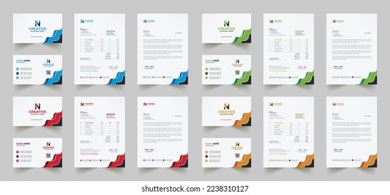 Das Corporate Branding-Identitätsdesign umfasst Visitenkarten, Rechnungen, Briefkopfdesigns und moderne Schreibtischpakete mit abstrakten Vorlagen	