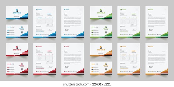 El diseño de identidad de marca corporativa incluye tarjetas de visita, facturas, diseños de membrete y paquetes de papel modernos con plantillas abstractas	