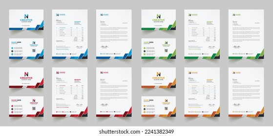 El diseño de identidad de marca corporativa incluye tarjetas de visita, facturas, diseños de membrete y paquetes de papel modernos con plantillas abstractas