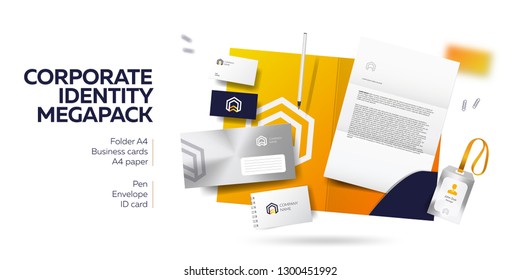 Corporate branding identity design. Realistic stationery mockup vector megapack set. Template for industrial or technic company. Folder and A4 letter, visiting card and envelope on white background.