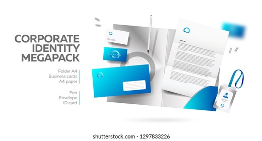 Corporate branding identity design. Stationery mockup vector megapack set. Template for industrial or technic company. Folder and A4 letter, visiting card and envelope. Colorful creative logo design.