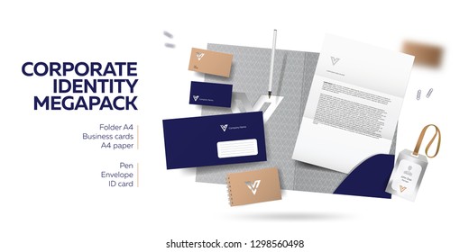 Corporate Branding Identity Design. Stationery Mockup Vector Megapack Set. Template For Industrial Or Technic Company. Folder And A4 Letter, Visiting Card And Envelope. Colorful Creative Logo Design.