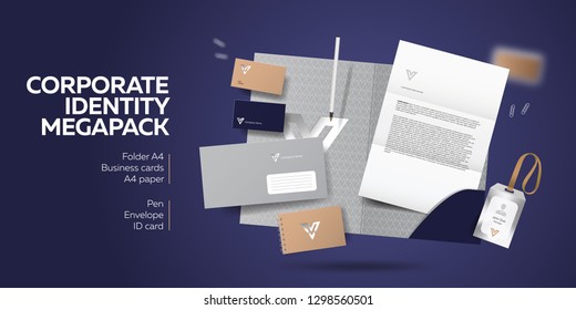 Corporate Branding Identity Design. Stationery Mockup Vector Megapack Set. Template For Industrial Or Technic Company. Folder And A4 Letter, Visiting Card And Envelope. Colorful Creative Logo Design.