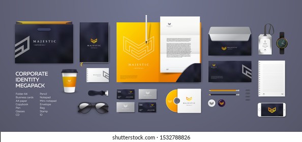 Corporate branding identity design. Stationery mockup vector megapack set. Template for industrial or technical company. Folder and A4 letter, visiting card and envelope. Triangular geometric logo.