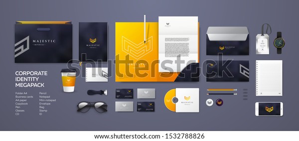 Corporate branding identity design. Stationery\
mockup vector megapack set. Template for industrial or technical\
company. Folder and A4 letter, visiting card and envelope.\
Triangular geometric\
logo.