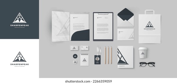 Corporate branding identity design. Triangular geometric mountain logo. Stationery mockup vector template for industrial or technical company. Folder and A4 letter, visiting card and envelope.