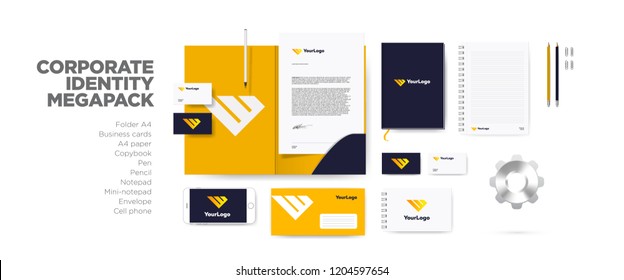 Corporate Branding Identity Mockup Set For Industrial And Tech Company. Orange Vector Logo Template And Stationary Megapack Mockup. Folder And A4 Letter, Envelope And Visiting Cards.