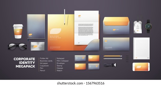 Corporate Branding Identity Mockup Set For Company. Orange Vector Logo Template And Stationary Megapack Mockup. Folder And A4 Letter, Envelope And Visiting Cards. Minimalistic Design.