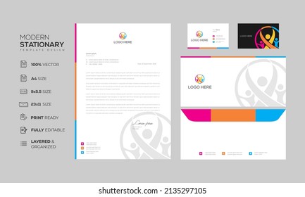 Corporate branding identity mockup set for schools company. Orange vector logo template and stationary megapack mockup. Folder and A4 letter, envelope and visiting cards