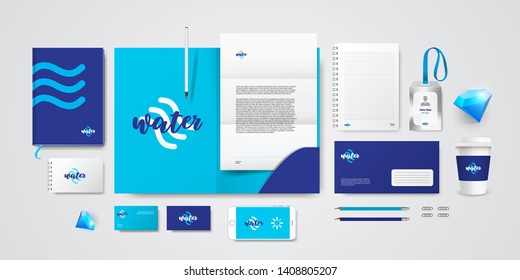 Corporate branding identity natural eco design. Stationery mockup vector megapack set. Template for swimming pool, mineral or pure water company. Folder and A4 letter, visiting card and envelope.