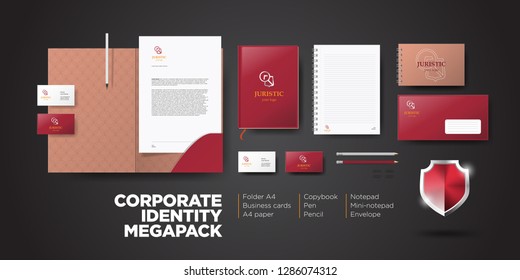 Corporate branding identity. Premium design for insurance company and law firm. Stationery mockup vector megapack set. Folder and A4 letter, visiting card and envelope.