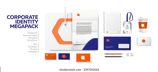 Corporate branding identity premium design. Vector stationery mockup megapack set. Template for business, technical or finance company. Folder and A4 letter, visiting card and envelope.