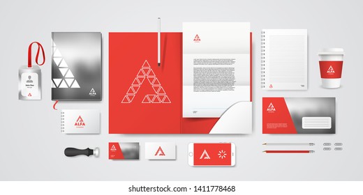 Corporate branding identity. Premium design for insurance company and law firm. Stationery mockup vector megapack set. Folder and A4 letter, visiting card and envelope. Realistic preview template.