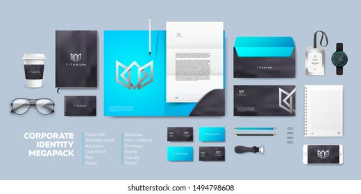 Corporate Branding Identity Premium Design. Stationery Mockup Vector Megapack Set. Template For Business Or Finance Company. Folder And A4 Letter, Blue Colorful Background. Silver Logo Company Style.