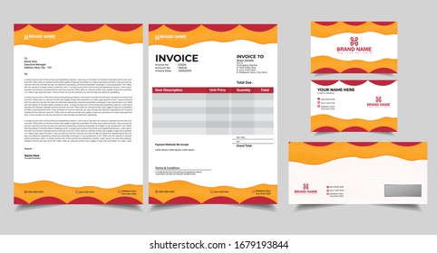 Corporate branding identity premium design. Stationery mockup vector megapack set. Template for business or finance company. Folder and A4 letter, visiting card, post card and letterhead. yellow color