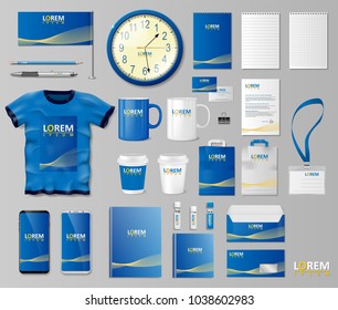 Corporate Branding identity template design. Stationery mockup for shop with modern blue structure. Business style stationery and documentation. Vector illustration