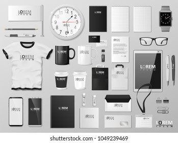 Corporate Branding identity template design. Modern Stationery mockup black and white color. Business style stationery and documentation. Vector illustration