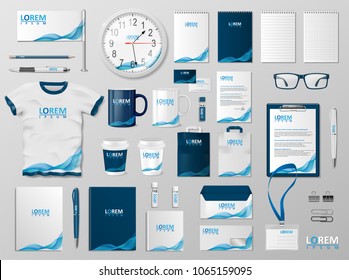 Corporate Branding identity template design. Modern Stationery mockup for shop with modern blue structure. Business style stationery and documentation. Vector illustration