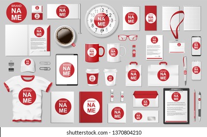 Corporate Branding identity template design. Modern Stationery mockup for shop with modern blue structure. Business modern red style stationery and documentation. Vector illustration