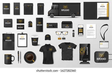 Corporate Branding identity template design. Modern Stationery mockup black and gold color. Business style stationery and documentation. Vector illustration