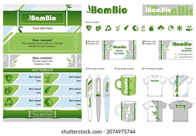 Corporate branding identity template: natural, organic eco design in green colors. Template for vegan, flower shop or nature company. The set consists of logo, corporate icons, leaflet, business cards