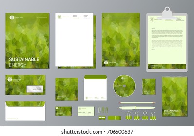 Corporate branding identity template set. Business stationery mock-up. Green geometric design with polygonal elements. Sustainable energy concept. EPS10 vector.