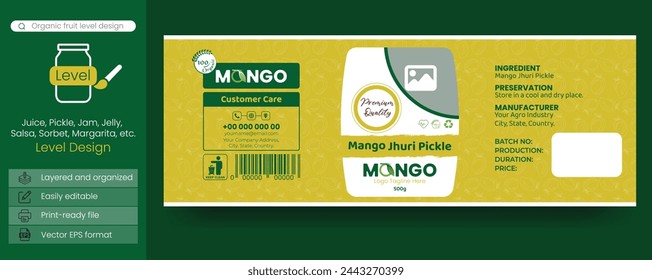 Corporate branding for mango pickle packaging in bottles, jars, or boxes, featuring a variety of organic products like juice, jam, jelly, pickle, ice cream, mousse, salsa, sorbet, salad, etc.