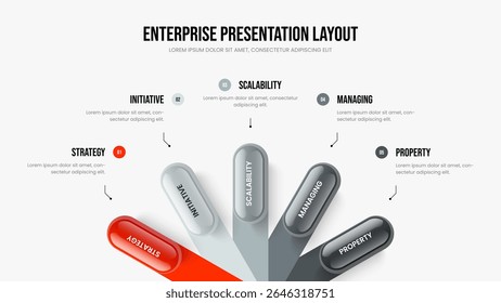 Ilustração de vetor de modelo de apresentação de slides de resumo corporativo. Design de Apresentação de Diagrama de Cinco Opções de Visualização do Produto. Enterprise Review 5 Element Infographic Slide Layout (em inglês).