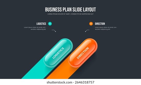 Corporate Briefing Two Option Infographic Slideshow Design. Business Performance 2 Element Diagram Presentation Layout. Consulting Analysis Slide Template Vector Illustration.