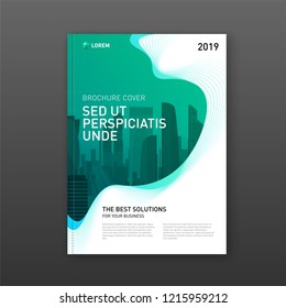 Corporate brochure cover design template for business and construction. Abstract geometry with colored cityscape vector illustration on background. Good for annual report, magazine, leaflet, poster.