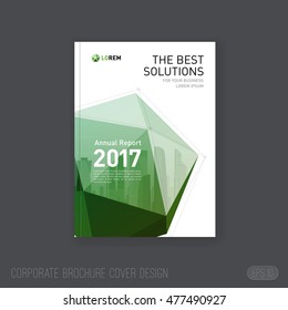 Corporate brochure cover design template with green lowpoly 3d solid and cityscape mirrored in it. Good for catalog, annual report, folder, poster or flyer.
