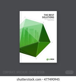 Corporate brochure cover design template with green lowpoly 3d solid and cityscape mirrored in it. Good for catalog, annual report, folder, poster or flyer.