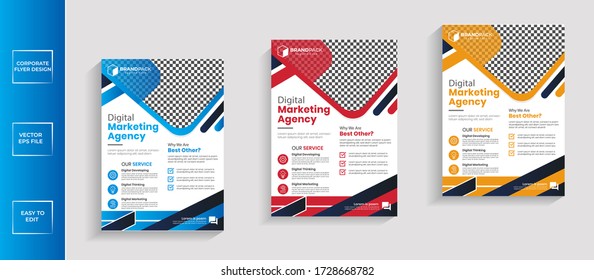 Corporate  brochure flyer design template. Leaflet cover presentation
 abstract background for business, magazines, posters, booklets, banners.
 Flyer In 3 different Colors.Easily editable vector form