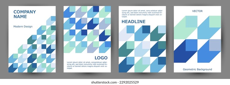 Folleto corporativo colección de plantillas de página principal Diseño A4. Vector de colección de diseño de carpetas isométricas de estilo suizo. Diseño de la cubierta vertical de textura de elementos geométricos mosaicos