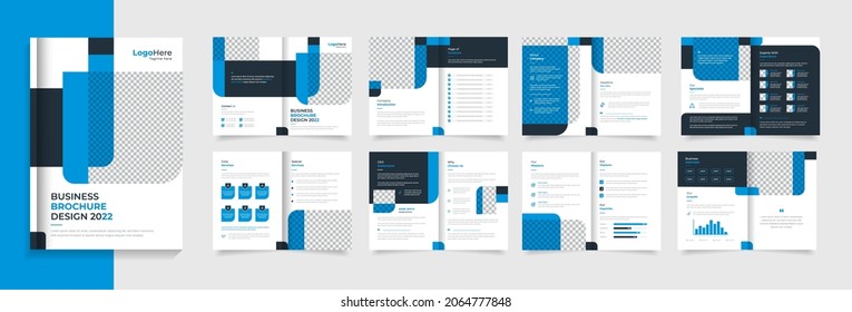 Corporate brochure template design 16 page vector layout with blue creative shapes	
