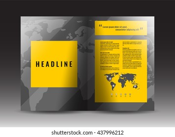 Corporate brochure template design with the world map background. Annual report, presentation, book cover or flyer. Stock vector.