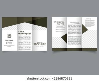 Corporate brochure, trifold template design. Vector. Dark Olive color. Trifold brochure with triangles.