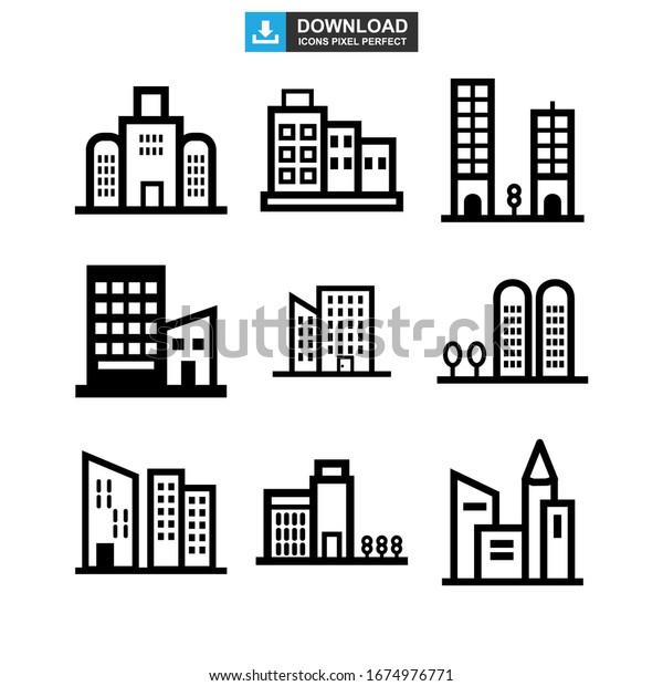 企業の建物のアイコンまたはロゴ 分離型シンボルベクター画像イラスト 高品質な黒スタイルのベクター画像アイコンのコレクション のベクター画像素材 ロイヤリティフリー