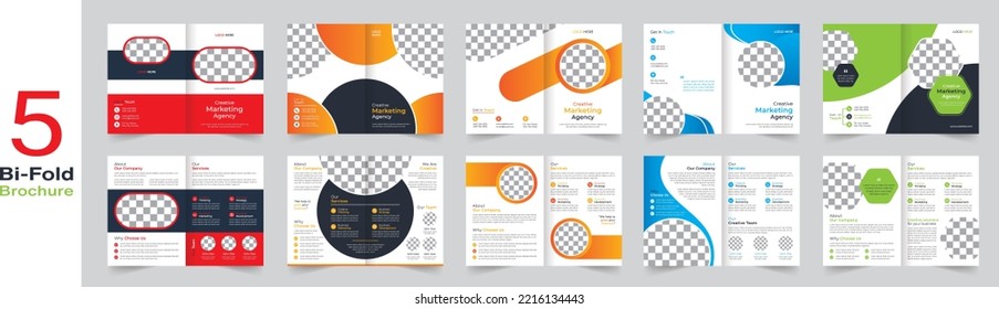 Corporate business bi-fold brochure template design. 5 set bifold brochure template vector illustrator. For business proposal, marketing, promotion, advertise, publication, cover page, magazine 