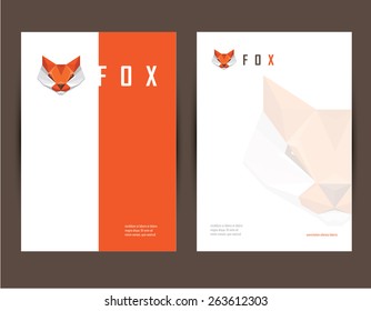 corporate business brochure cover and letterhead template with red fox head logo element in low polygon style