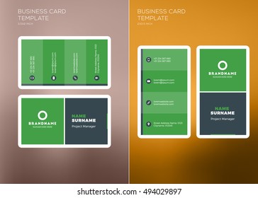 Corporate Business Card Print Template. Personal Visiting Card with Company Logo. Vertical and Horizontal Business Card Templates. Black and Green Color Theme. Business Card Mockup